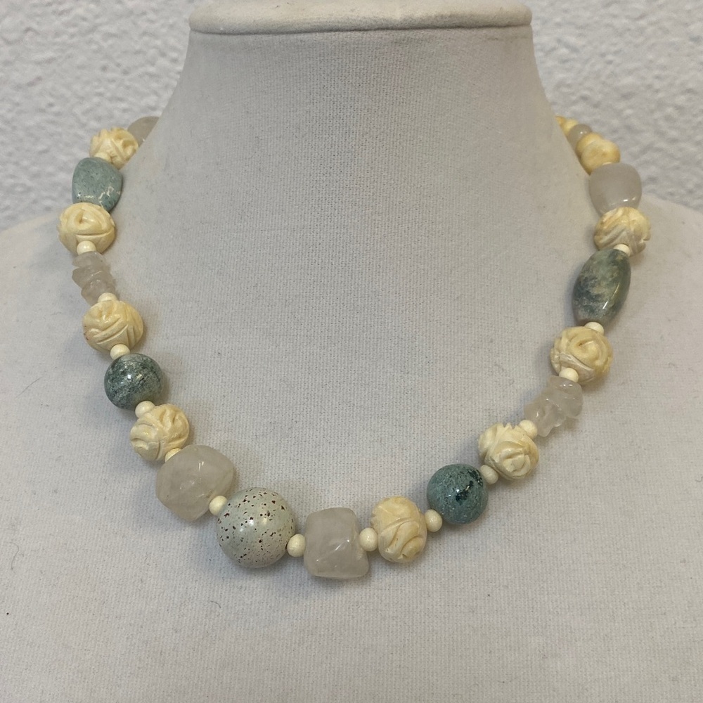 Vintage Bone and Stone Necklace Beaded Necklace with Cream and Green Tones
